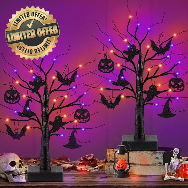 2 Pack 24 Inch Black Halloween Tree with 24 LED Orange Purple Lights