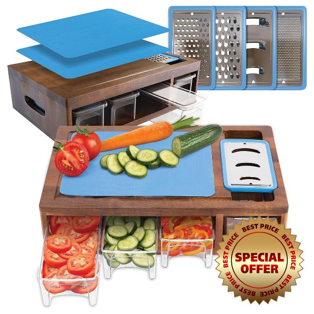 Granted By Grace Acacia Cutting Board with Containers & Lids - Board Meal Prep System w 4 Graters