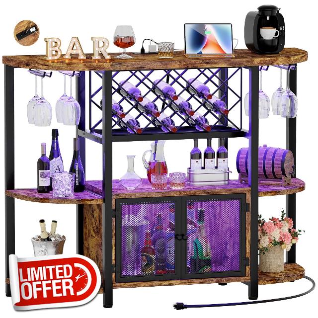 Hyomdeck Wine Bar Cabinet with LED Lights and Power Outlets