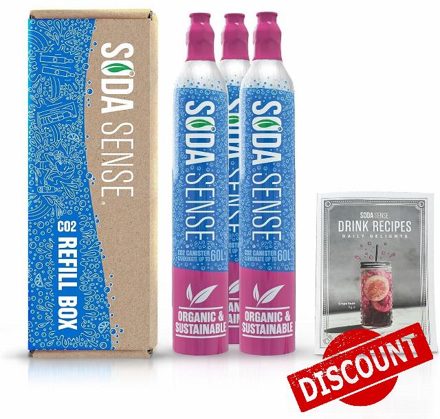 Soda Sense 3pk Easy Connect 60L CO2 Carbonator Cylinder Recipe Book Bundle + $15 Amazon Gift Card