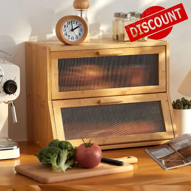 GHWIE Double Layer Bamboo Bread Box for Kitchen Counter