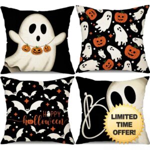 DFXSZ Halloween Pillow Covers 18x18 inch Set of 4 Halloween Decorations Ghost Pumpkins Bats Decor Holiday Pillow Case Farmhouse Decor for Home Sofa B107