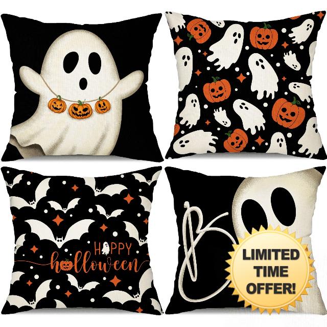 DFXSZ Halloween Pillow Covers 18x18 inch Set of 4 Halloween Decorations Ghost Pumpkins Bats Decor Holiday Pillow Case Farmhouse Decor for Home Sofa B107