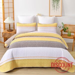 Yellow Boho Quilt Queen Size Striped Patchwork Grey Bedspread Lightweight Boho 3 Pieces Reversible Quilt Set Queen Micofiber Farmhouse Quilt Set With 2 Pillowcases for all Seasons(Queen