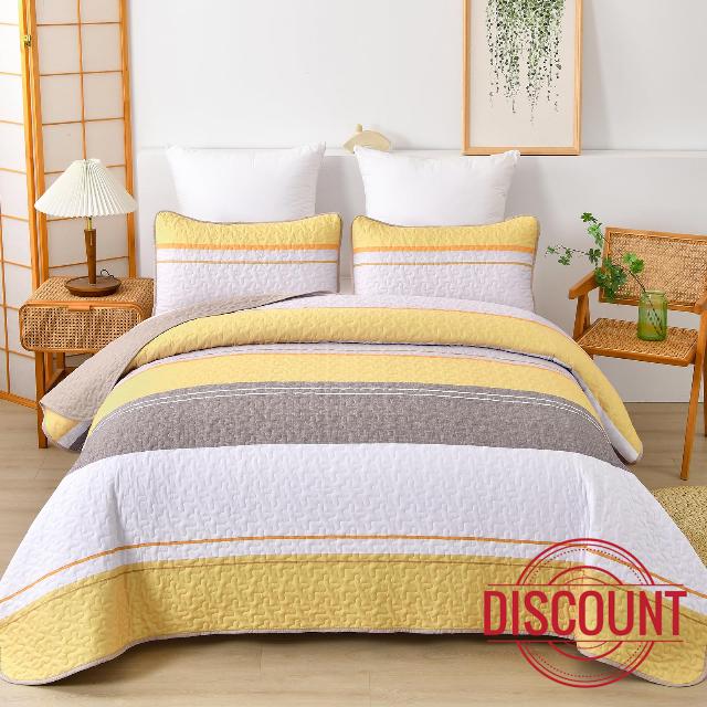 Yellow Boho Quilt Queen Size Striped Patchwork Grey Bedspread Lightweight Boho 3 Pieces Reversible Quilt Set Queen Micofiber Farmhouse Quilt Set With 2 Pillowcases for all Seasons(Queen