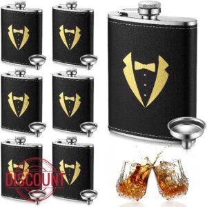 Chuangdi 6 Set Groomsmen Proposal Gift 6 Pcs 8 oz Engraved Flask for Liquor with 6 Pcs Funnels Leakproof Wedding Officiant Gift Black Alcohol Flask Stainless Steel Pocket Flask for Bachelor Party