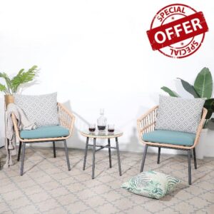Yangming 3 Piece Patio Furniture Outdoor Conversation Bistro Set with Tempered Coffee Table and Wicker Chairs for Garden Balcony Backyard Yard Poolside (Green)