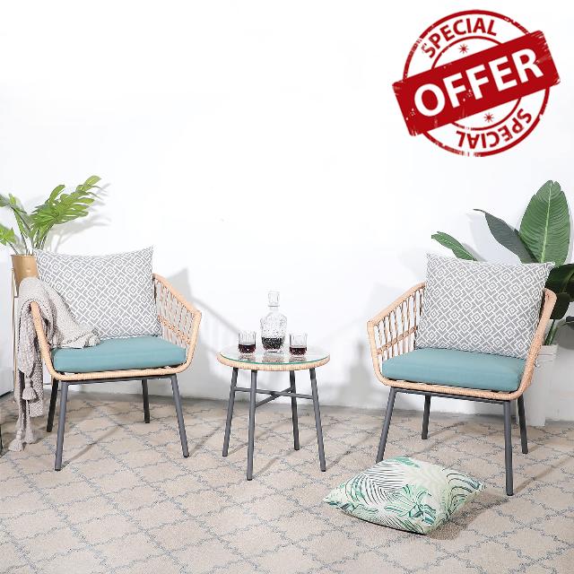 Yangming 3 Piece Patio Furniture Outdoor Conversation Bistro Set with Tempered Coffee Table and Wicker Chairs for Garden Balcony Backyard Yard Poolside (Green)