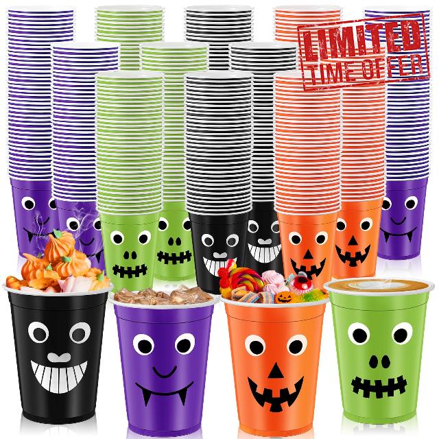 Umigy 200 Pcs Disposable Halloween Cups Bulk 16 oz Halloween Party Cups Drink Wine Coffee Halloween Plastic Cups Supplies for Ice Juice Water Hot Cold Drinks Party Favors (Multi Colors
