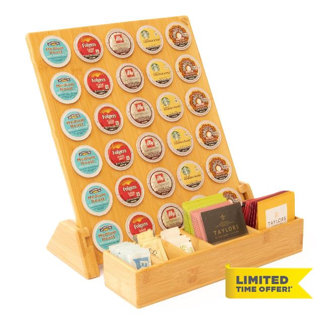 Mighty Tidy Convertible Coffee Pod Organizer - Space Saving Countertop & Kitchen Drawer Storage - Holds 30 K Cups - Eco Friendly Durability - Natural Bamboo Finish - Spill Resistant - 12"x14.5"x2.5"