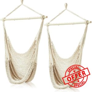 Barydat 2 Pcs Hammock Chair Hammock Swing Hanging Swing Chairs for Outside Beige Cotton Rope Weaving Chair with 40 Inch Detachable Metal Bars for Indoor Outdoor Backyard Living Room Bedroom Garden