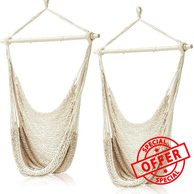 Barydat 2 Pcs Hammock Chair Hammock Swing Hanging Swing Chairs for Outside Beige Cotton Rope Weaving Chair with 40 Inch Detachable Metal Bars for Indoor Outdoor Backyard Living Room Bedroom Garden