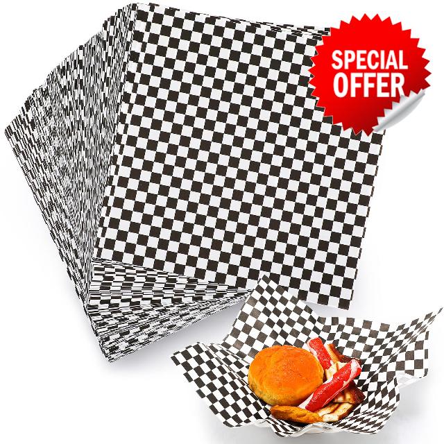 Honoson 2000 Sheets Deli Paper Sheets 12 x 12 Inches Grease Resistant Wax Paper Sheets Wrapping Food Paper Black White Checkered Food Basket Liners for Wrapping Bread Sandwich(Black White Checkered)