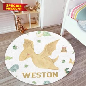 Lanleay Customized Baby Round Rug with Custom Name: Nursery Rug with Dinosaur Pattern and Skin Friendly Material - Personalized Gifts for Baby Rooms Playrooms(3.9ft/47 Round)