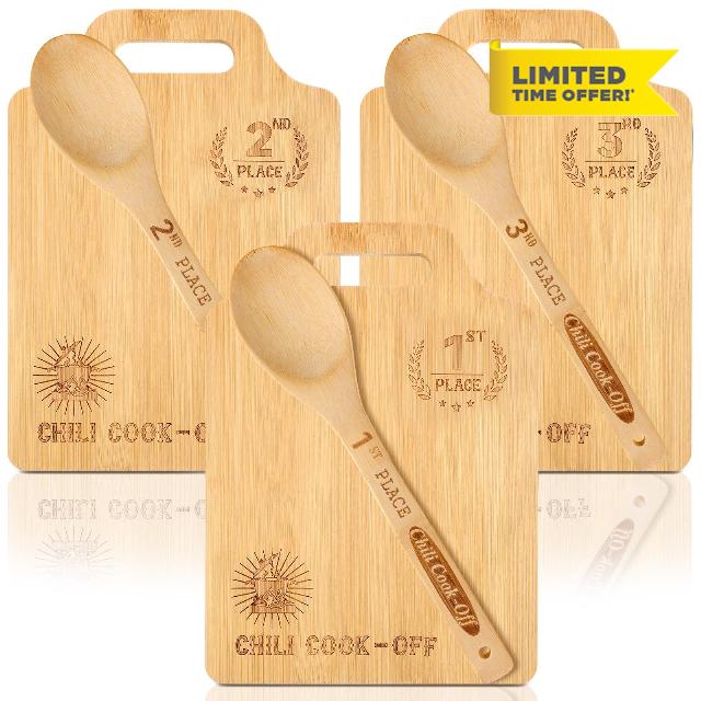 Sliner Set of 3 Chili Cook off Trophies Wooden Cutting Boards with Handle Spoon Chili Cook off Prizes 1st 2nd 3rd Place Chili Competition Gifts for Men Women Chili Festivals Decorations