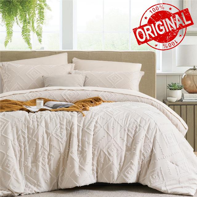 Beige Tufted King Size Comforter Set 7 Piece Bed in a Bag