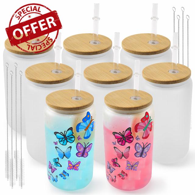 8 Pack Sublimation Glass Cups Blanks with Bamboo Lid 16 OZ Frosted Glass Beer Cans Mason Jar for Iced Coffee Juice Soda Drinks