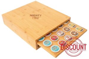 Mighty Tidy Coffee Pod Organizer Drawer - Space Saving Countertop & Under Brewer Storage - Holds 30 K Cups - Compatible with All Keurig Machines - Natural Bamboo Finish - Spill Resistant - 13"x15"x3"