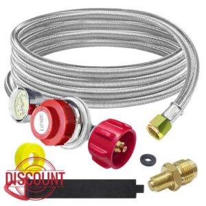 12ft 0-30PSI Adjustable Stainless High Pressure QCC1 Propane Regulator Hose with Gauge 0~60PSI Gas Flow Indicator for Fire Pit