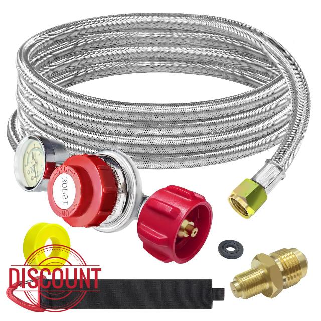 12ft 0-30PSI Adjustable Stainless High Pressure QCC1 Propane Regulator Hose with Gauge 0~60PSI Gas Flow Indicator for Fire Pit