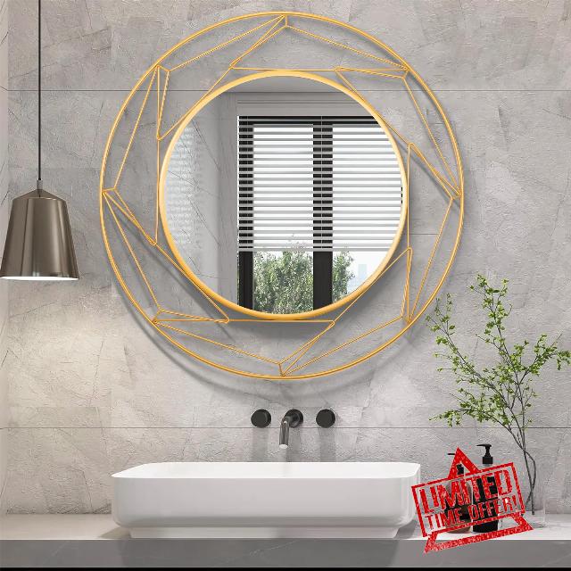 Jugty 30 Inch Gold Round Mirror-Metal Geometry Frame Wall Mirror Modern Decorative Mirrors for Bathroom