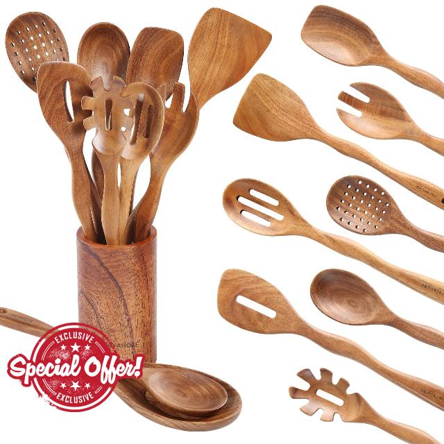Wooden Spoons for Cooking with Holder