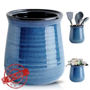 Tikooere Large Kitchen Utensil Holder for Countertop - 7.1” x 5.9” Vintage Blue Ceramic Utensil Crock