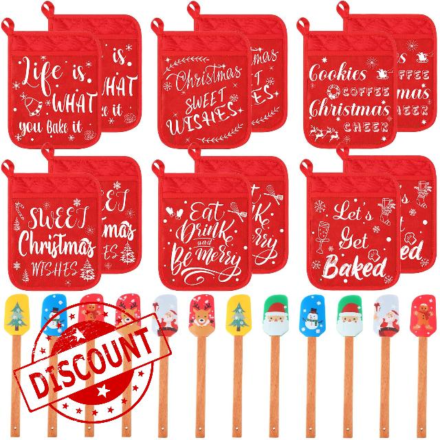 Yaomiao 24 Pieces Christmas Pot Holders with Silicone Spatula Set Silicone Spatula Set with Wooden Handles Pot Holders for Kitchen Christmas Kitchen Utensils Christmas Baking Gifts for Xmas