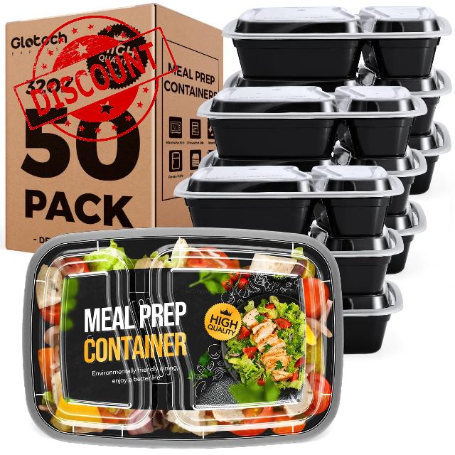 Glotoch 50 Pack 【32oz 2 Compartment】 Meal Prep Container Microwave Safe