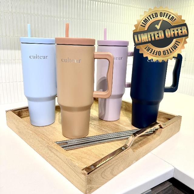 Culteur 40oz Luxury Stainless Steel Tumbler Set | Premium Insulated Travel Mug with Monotone & Stainless Steel Straws | High-End Quality for Hot and Cold Beverages (Azur)