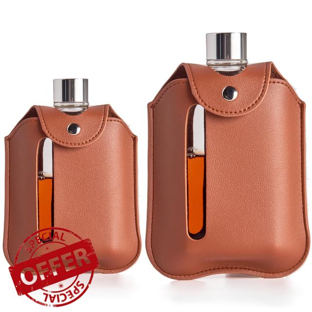 Delove Modern Glass Hip Flask with Detachable Leather Cover - Durable Whiskey Flask for Men & Women - Leather Glass Flask for Liquor & Spirits