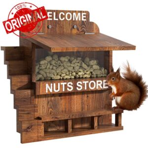 Zononoca Squirrel Feeder for Outside - Funny Wooden Squirrel House with Side Ladder and Large Eaves
