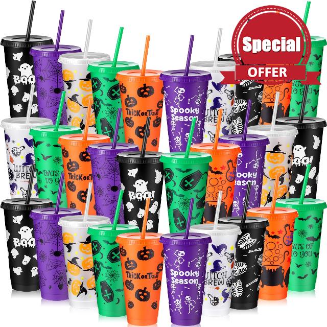 Suttmin 30 Pcs Halloween Plastic Tumbler with Lids and Straws 24 oz Reusable Spooky Halloween Party Cups Bulk Kids Halloween Plastic Drinking Cups for Halloween Party Birthdays Supplies