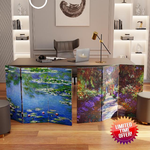 Red Lantern 3 ft. Short Double Sided Works of Monet Canvas Folding Screen Lilies/Garden at Giverny 3 Panel Freestanding Partition and Separator for Modern and Contemporary Bedroom