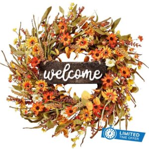 Sggvecsy Artificial Fall Wreath 22&rsquo;&rsquo; Autumn Front Door Wreath Harvest Wreath with Orange Daisy Ear of Wheat Mixed Flowers and Leaves for Outside Indoor Wall Window Festival Thanksgiving Autumn Decor