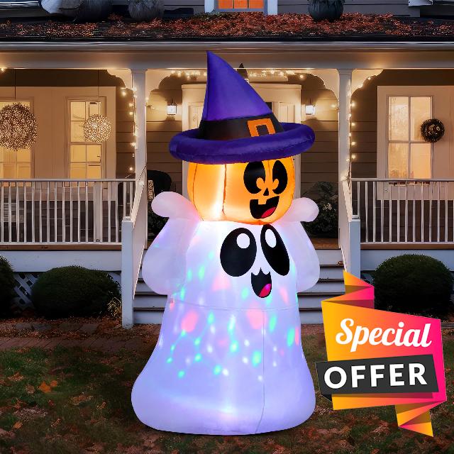 Joiedomi 5 FT Tall Halloween Inflatable Ghost with Pumpkin Head and Build-in Colorful LEDs