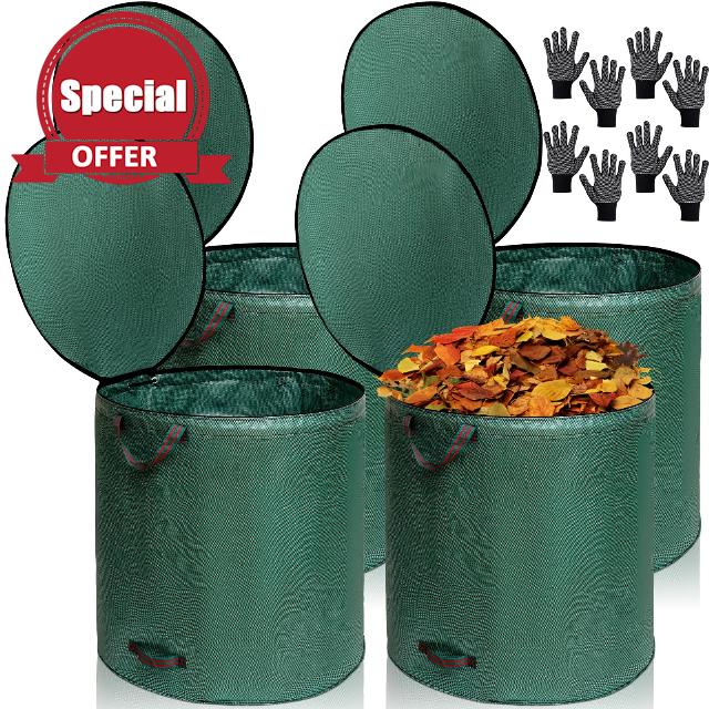 Berlune 4 Pcs 132 Gallon Reusable Yard Waste Bags with Lid Large Lawn Leaf Bags 33.9'' x 33.9'' Garden Bags for Debris with 4 Pairs Gloves Collapsible Lawn Bags with 4 Handles for Grass Clipping Trash