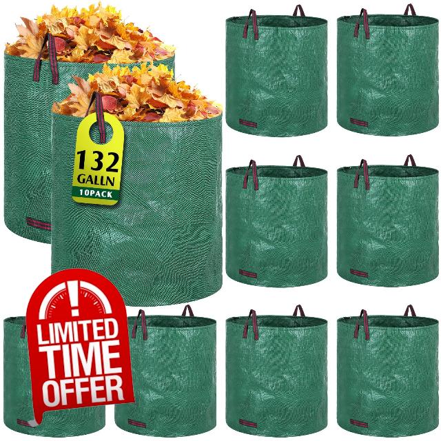 Windyun 10 Pcs 132 Gallon Garden Waste Bags Heavy Duty Reusable Yard Waste Bags Lawn Bags with Handles Collapsible Yard Waste Containers Leaf Basket Bags Bin for Pool Trash Garbage (D34''