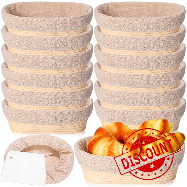 Gejoy 12 Set Bread Proofing Baskets 10 Inch Oval Shaped Banneton Dough Proofing Bowls Kit with Cloth Liner and Plastic Scraper Sourdough Proofing Basket for Home Sourdough Bakers Supplies