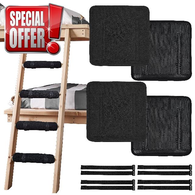Amerbro 4 Pcs Soft Bunk Bed Ladder Pads - Comfortable Polyester Bed Ladder Cover with Anti Slip Dots on Bottom - 8 Strong Velcro Adjustable Straps - 10 x 10 in(Black)