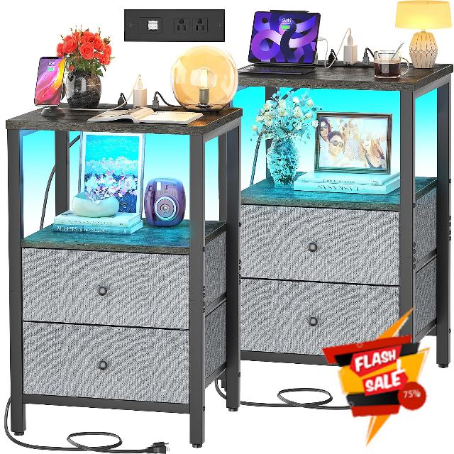 Cyclysio Nightstands Set of 2 with Charging Station