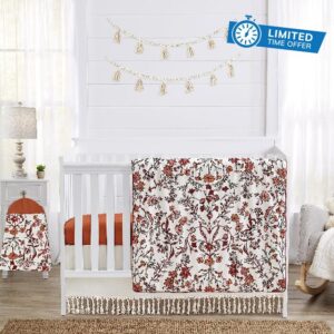 Sweet Jojo Designs Ivory and Orange Boho Vintage Floral Girl Baby Crib Bedding Set Infant Nursery Room Blanket Fitted Sheet Skirt Diaper Stacker 4p Bohemian Rust Daisy Botanical Green Fringe Tassel