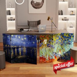 Red Lantern 3 ft. Short Double Sided Works of Van Gogh Canvas Folding Screen Irises/Starry Night Over Rhone 3 Panel Freestanding Partition and Separator for Modern and Contemporary Bedroom Home Office