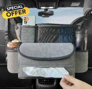 JEYODA Car Suede Seat Organizer High-capacity Seat Back Pouch Central Storage for Pickup SUVs Double-sided Tissue Storage Handbag Holder Car Accessories (Grey)
