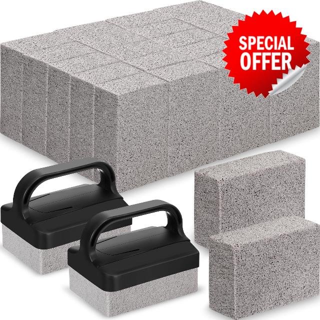Dunzy 24 Pack Grill Griddle Cleaning Brick Block Pumice Stones Scrubbing Grill Cleaning Stone Griddle Scrubber Cleaner with Handle for Outdoor BBQ Flat Top Cookers Oven Removing Greases Stains