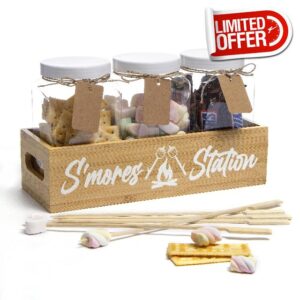 Smores Kit for Fire Pit - Smores Caddy with Jar & Smores Sticks for Smores Maker | Smores Station Smores Gift Set | Wooden Box for S'Mores Kit & Camping Supplies Includes Marshmallow Roasting Sticks