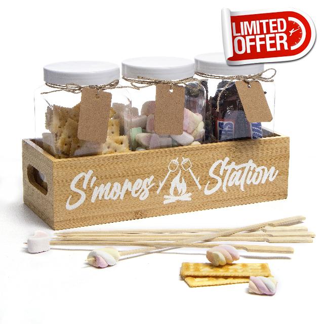 Smores Kit for Fire Pit - Smores Caddy with Jar & Smores Sticks for Smores Maker | Smores Station Smores Gift Set | Wooden Box for S'Mores Kit & Camping Supplies Includes Marshmallow Roasting Sticks