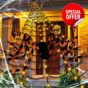 Kefron Hallow Decorations 150LED Light Up 23Ft Triangular Spider Web with 60'' Black Orange Giant Spider for Outdoor Home Yard Halloween Party Deco