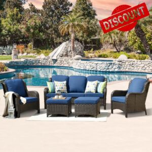 OVIOS Outdoor Furniture Patio Furniture Set 5 Pieces Wicker Rattan High Back Conversation Sectional Sofa Couch with Comfortable Cushions and Ottomans for Backyard Deck