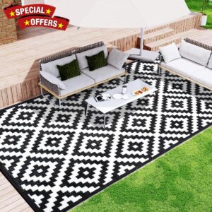 WondRg Outdoor Plastic Straw Rug 5x8 Black White Geometric Printed Reversible Outdoor Mat Waterproof Lightweight Outdoor Area Carpet for Patio RV Camping Porch Balcony Deck